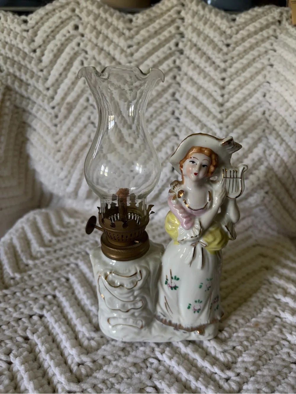 Porcelain Figurine Oil Lamp - White and Gold Accent Home Accent